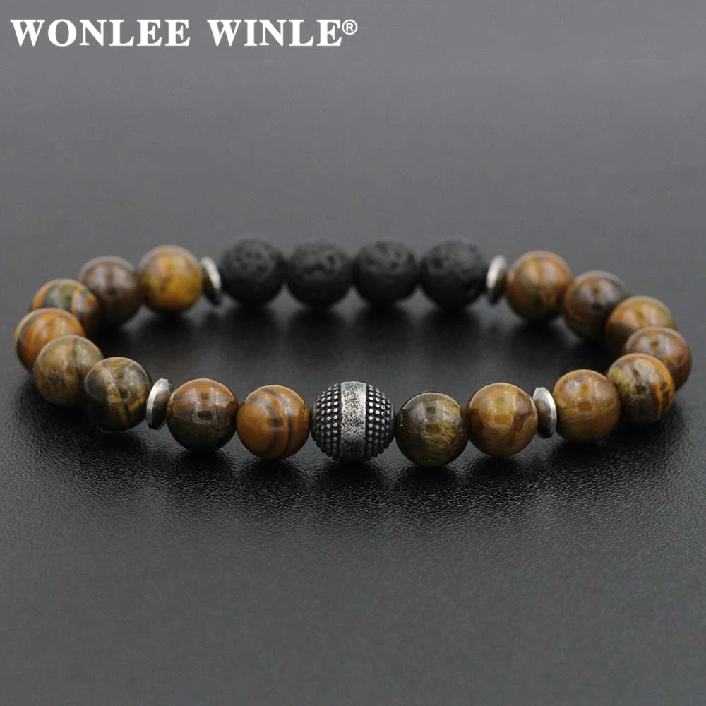 8mm Natural Stone Beaded Stretch Bracelets for Men&Women Stainless Steel Round Ball Charms Strand Bangles