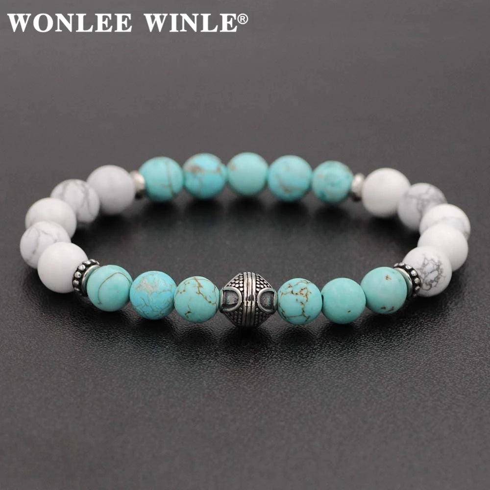 8mm Natural Stone Beaded Stretch Bracelets for Men&Women Stainless Steel Round Ball Charms Strand Bangles