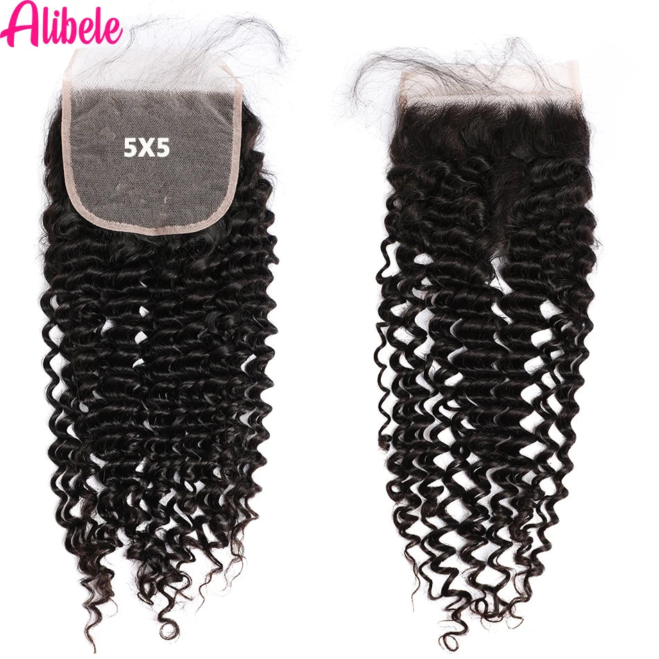 Alibele 5x5 Lace Closure With Bundles Peruvian Deep Curly Hair Bundles With 4x4 Lace Closure Remy Human Hair Bundles WithClosure