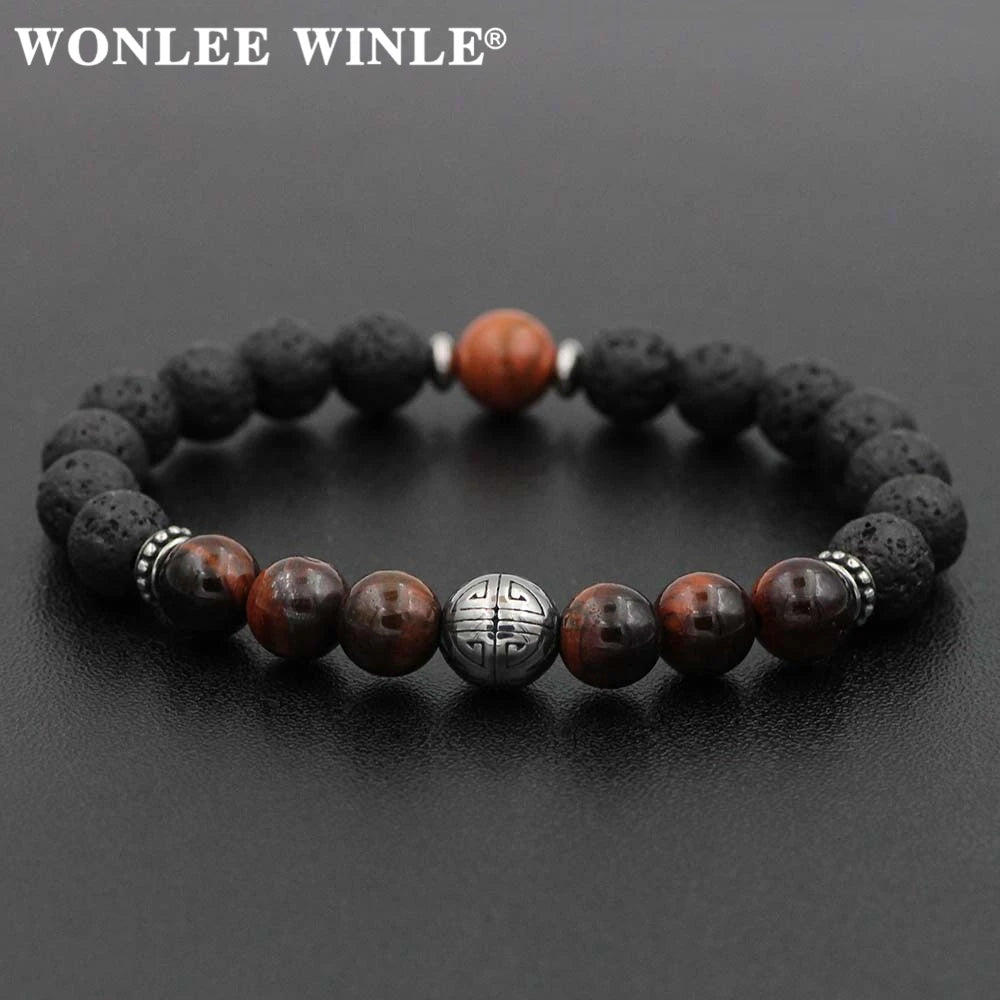 8mm Natural Stone Beaded Stretch Bracelets for Men&Women Stainless Steel Round Ball Charms Strand Bangles