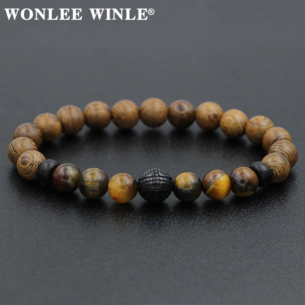 8mm Natural Stone Beaded Stretch Bracelets for Men&Women Stainless Steel Round Ball Charms Strand Bangles
