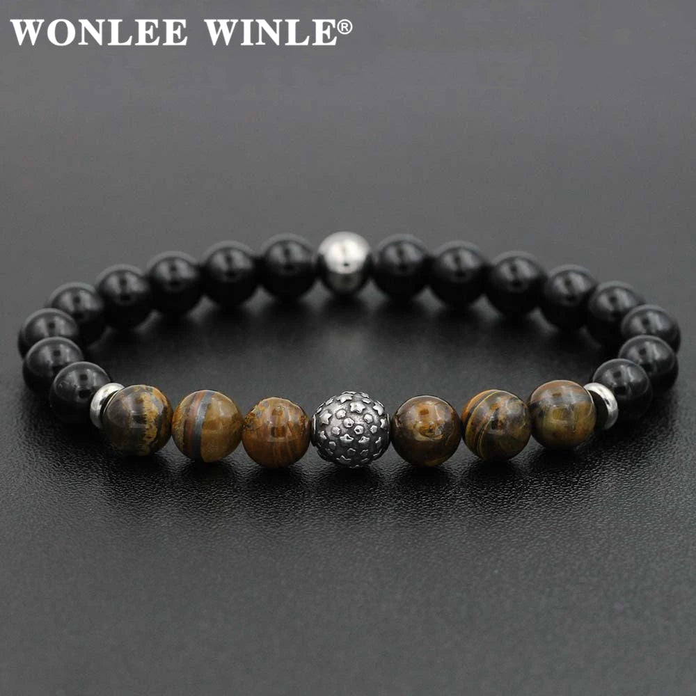 8mm Natural Stone Beaded Stretch Bracelets for Men&Women Stainless Steel Round Ball Charms Strand Bangles