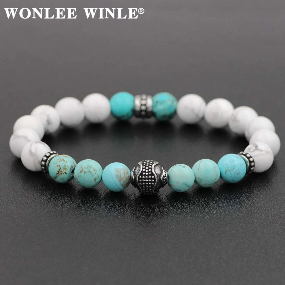 8mm Natural Stone Beaded Stretch Bracelets for Men&Women Stainless Steel Round Ball Charms Strand Bangles