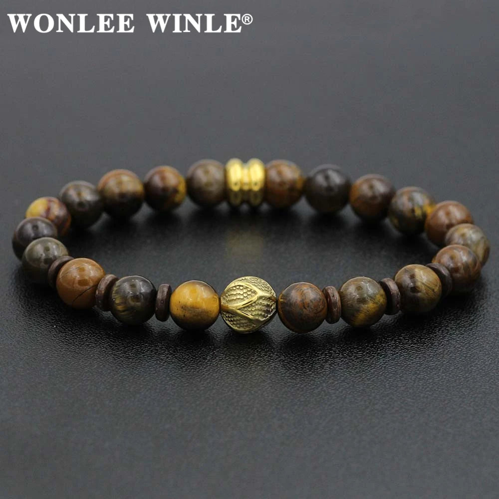 8mm Natural Stone Beaded Stretch Bracelets for Men&Women Stainless Steel Round Ball Charms Strand Bangles