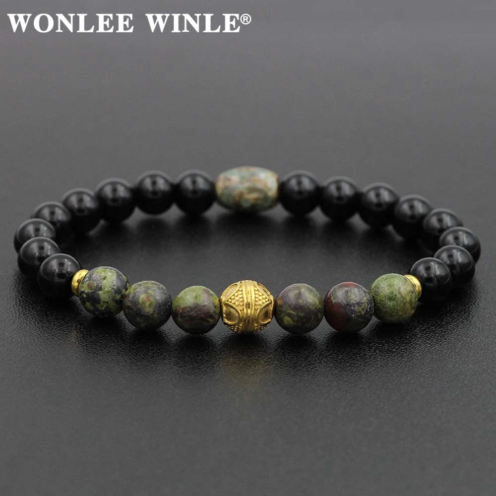 8mm Natural Stone Beaded Stretch Bracelets for Men&Women Stainless Steel Round Ball Charms Strand Bangles