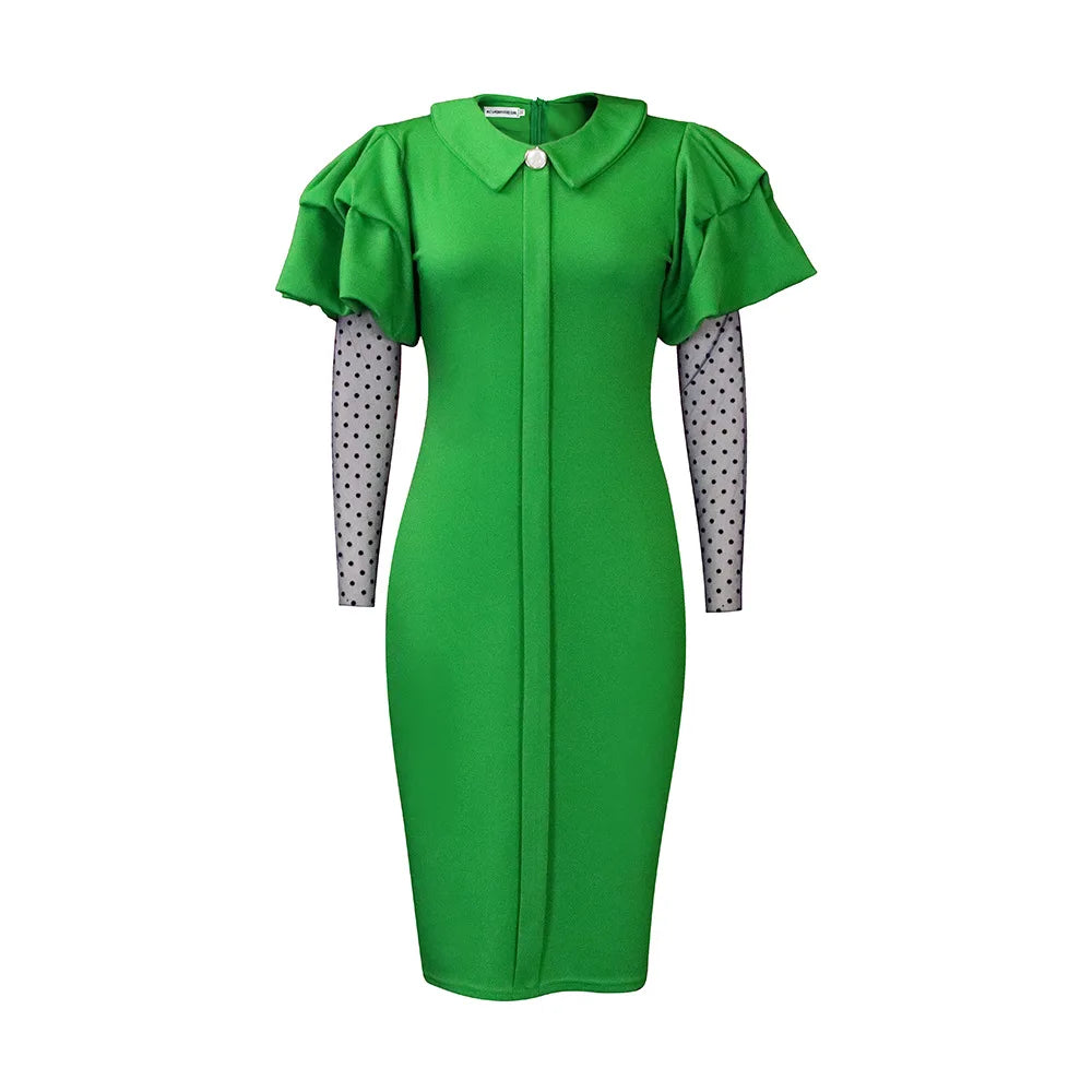 D3165 European American Autumn Winter New Mesh Pleated Ol Temperament Large Size Women's Dress