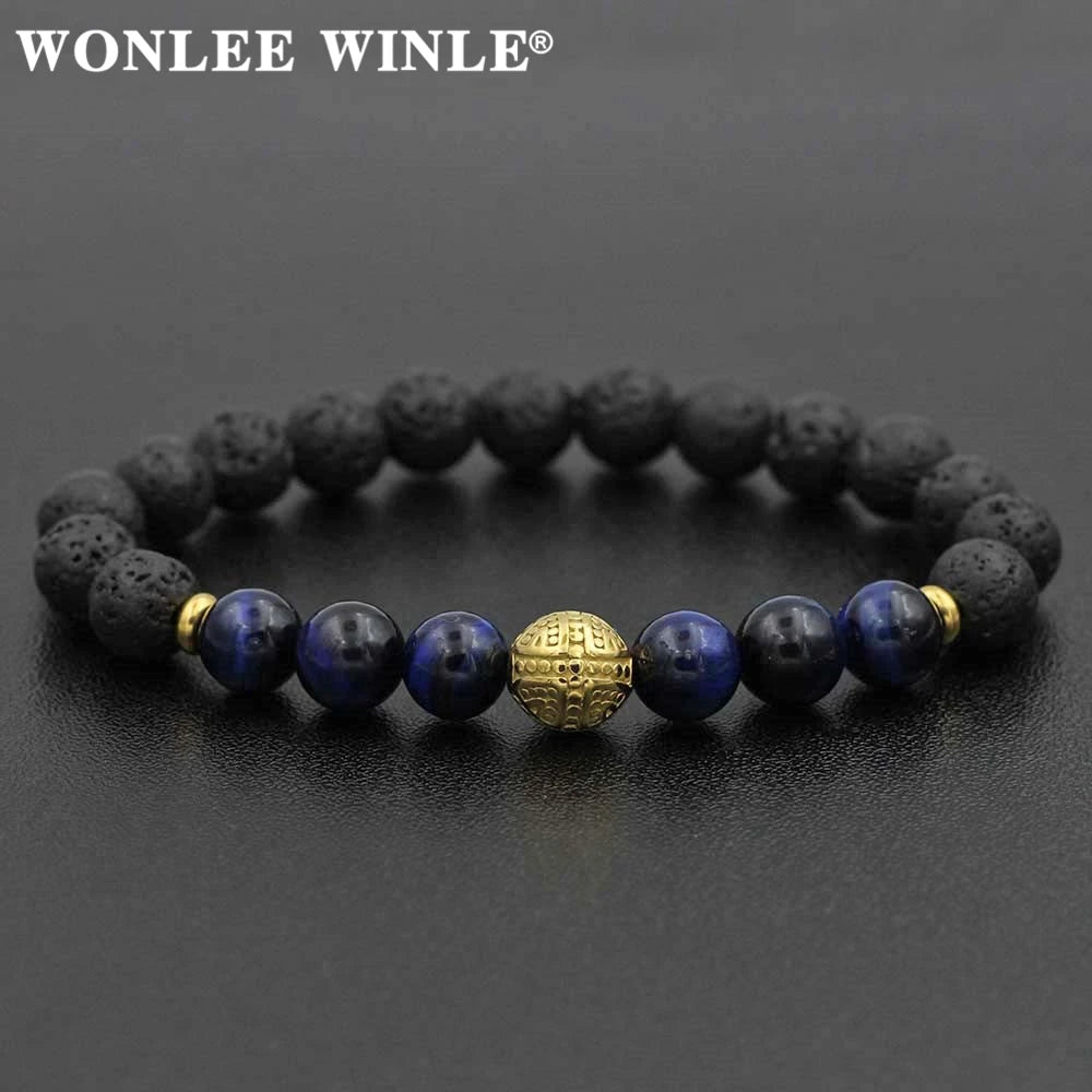 8mm Natural Stone Beaded Stretch Bracelets for Men&Women Stainless Steel Round Ball Charms Strand Bangles