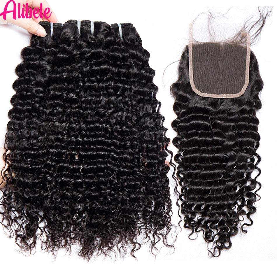 Alibele 5x5 Lace Closure With Bundles Peruvian Deep Curly Hair Bundles With 4x4 Lace Closure Remy Human Hair Bundles WithClosure