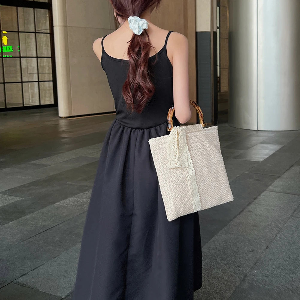 Large Woven Straw Tote with Bamboo Handle