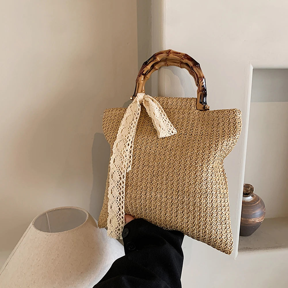 Large Woven Straw Tote with Bamboo Handle