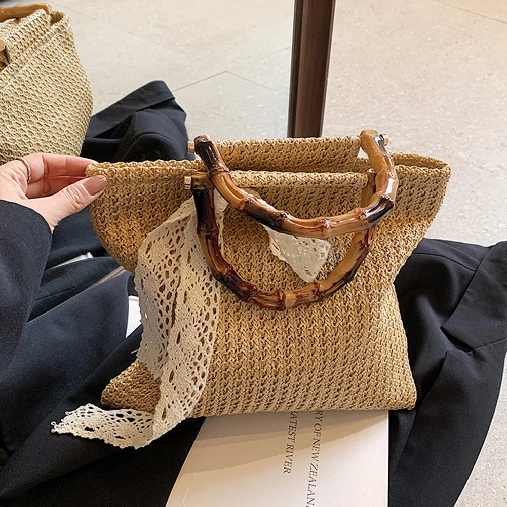 Large Woven Straw Tote with Bamboo Handle