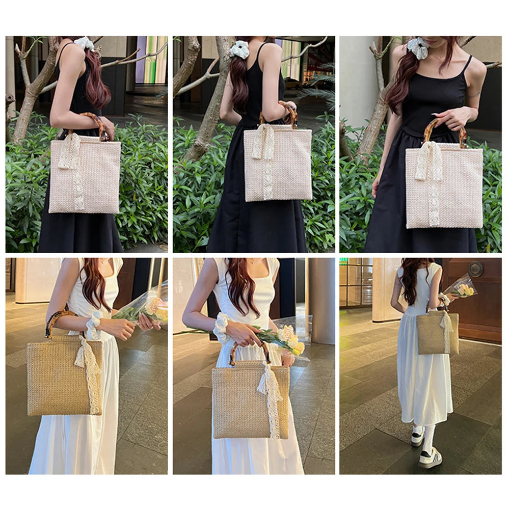 Large Woven Straw Tote with Bamboo Handle