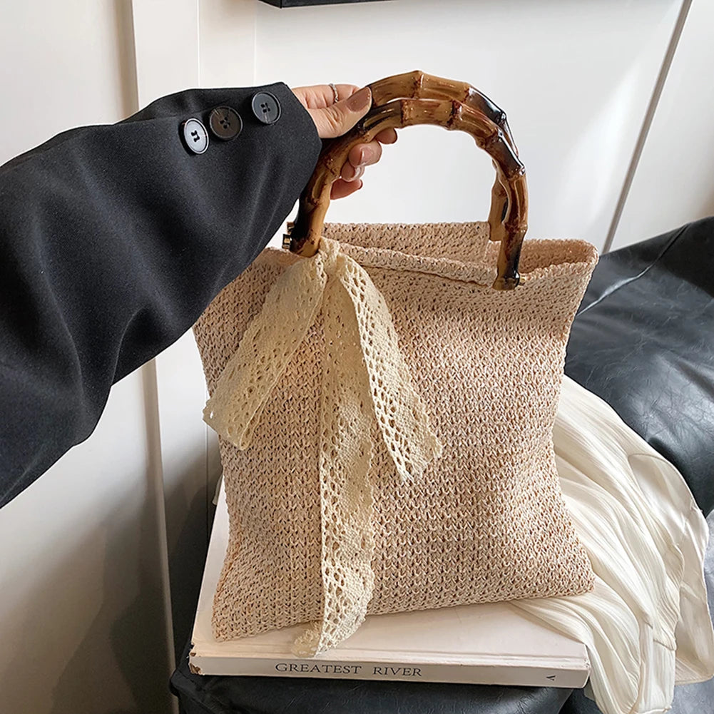 Large Woven Straw Tote with Bamboo Handle