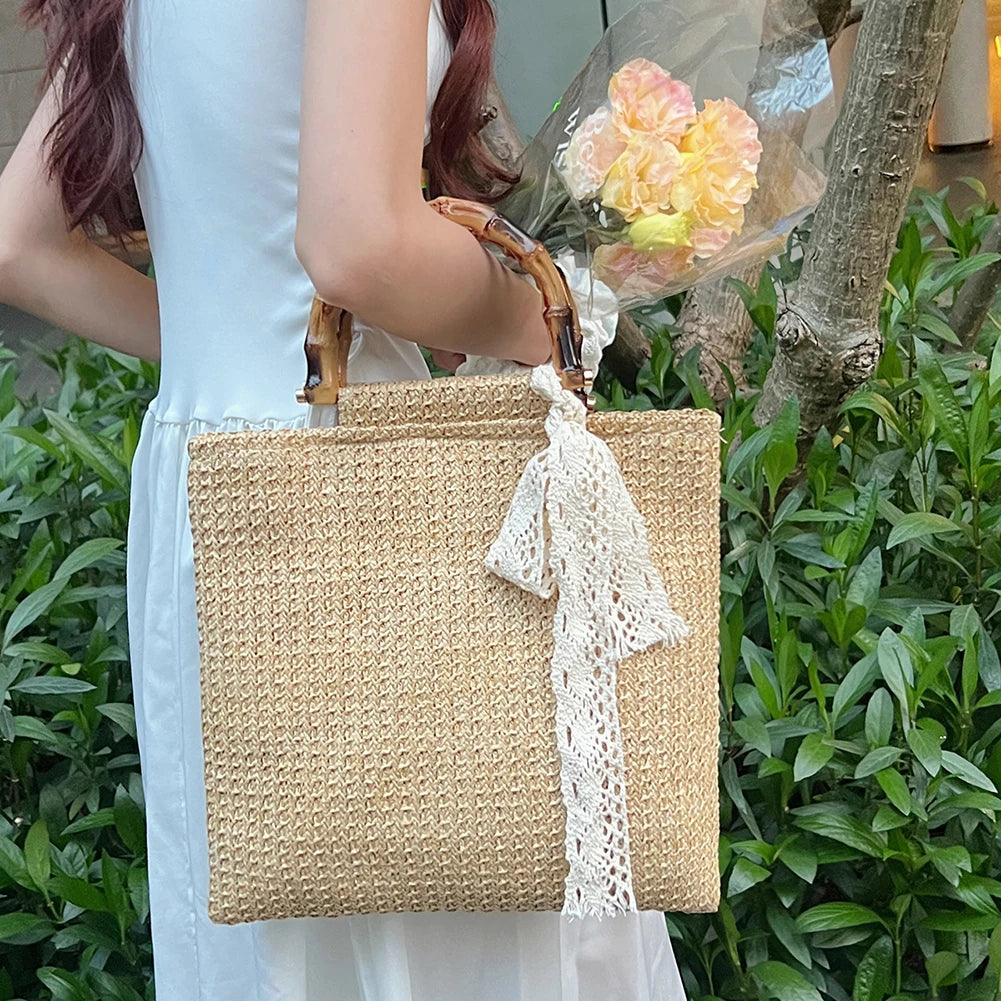 Large Woven Straw Tote with Bamboo Handle