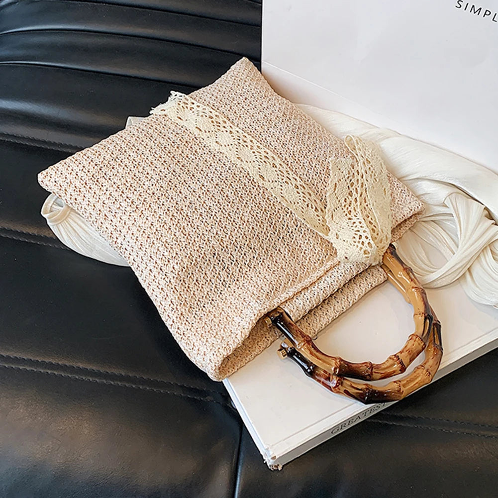 Large Woven Straw Tote with Bamboo Handle