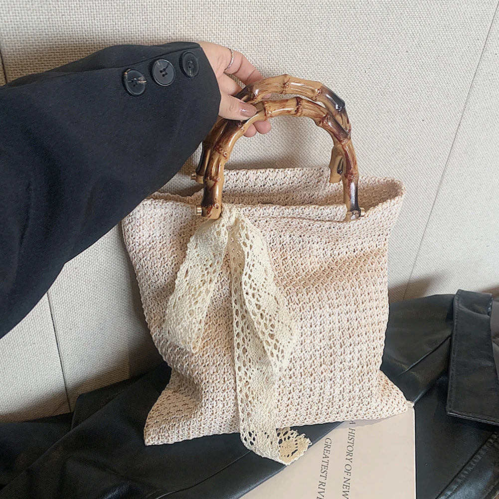Large Woven Straw Tote with Bamboo Handle