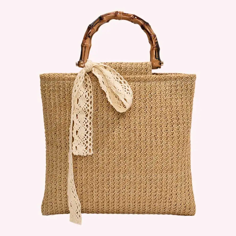 Large Woven Straw Tote with Bamboo Handle