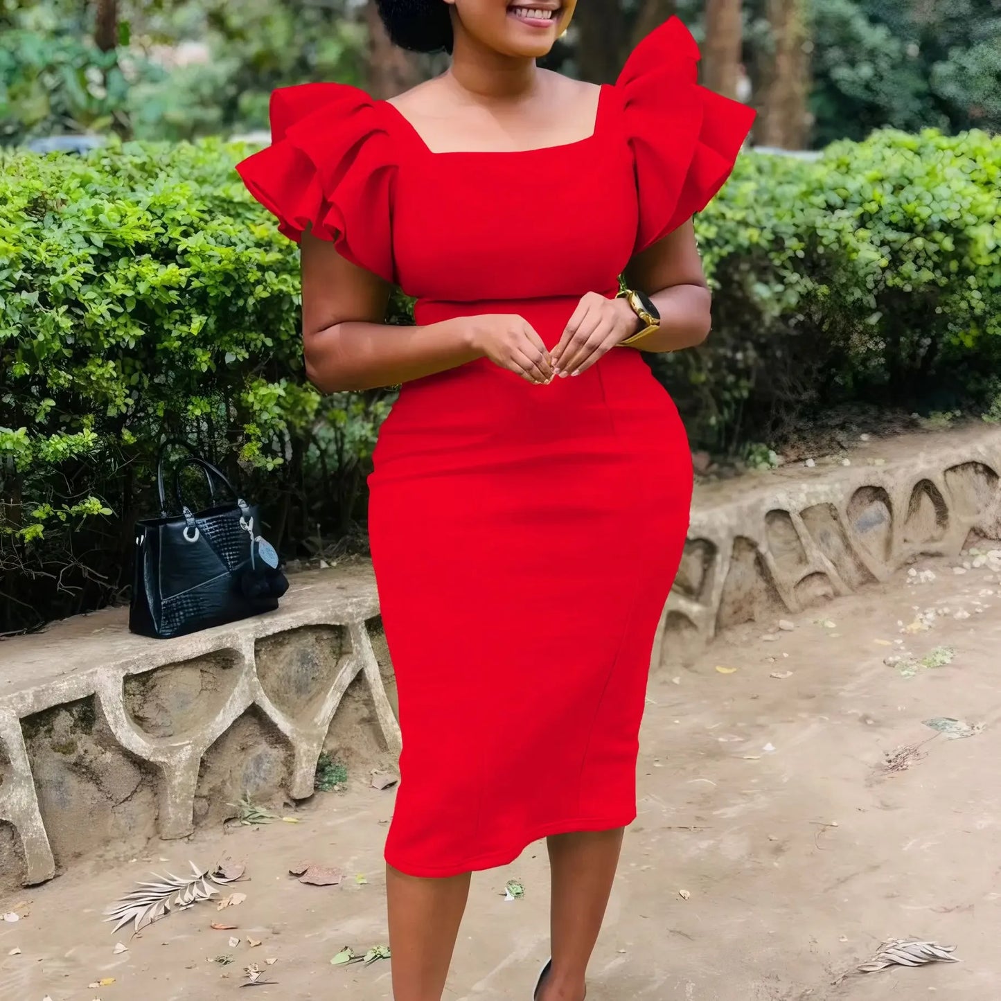 Fashionable Pure Color African Dress Q121 with Elegant Fleece Sleeve Bodycon Skirt Single Piece Women's Clothing