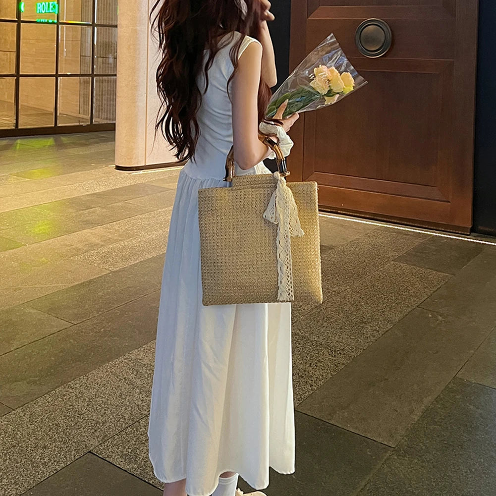 Large Woven Straw Tote with Bamboo Handle