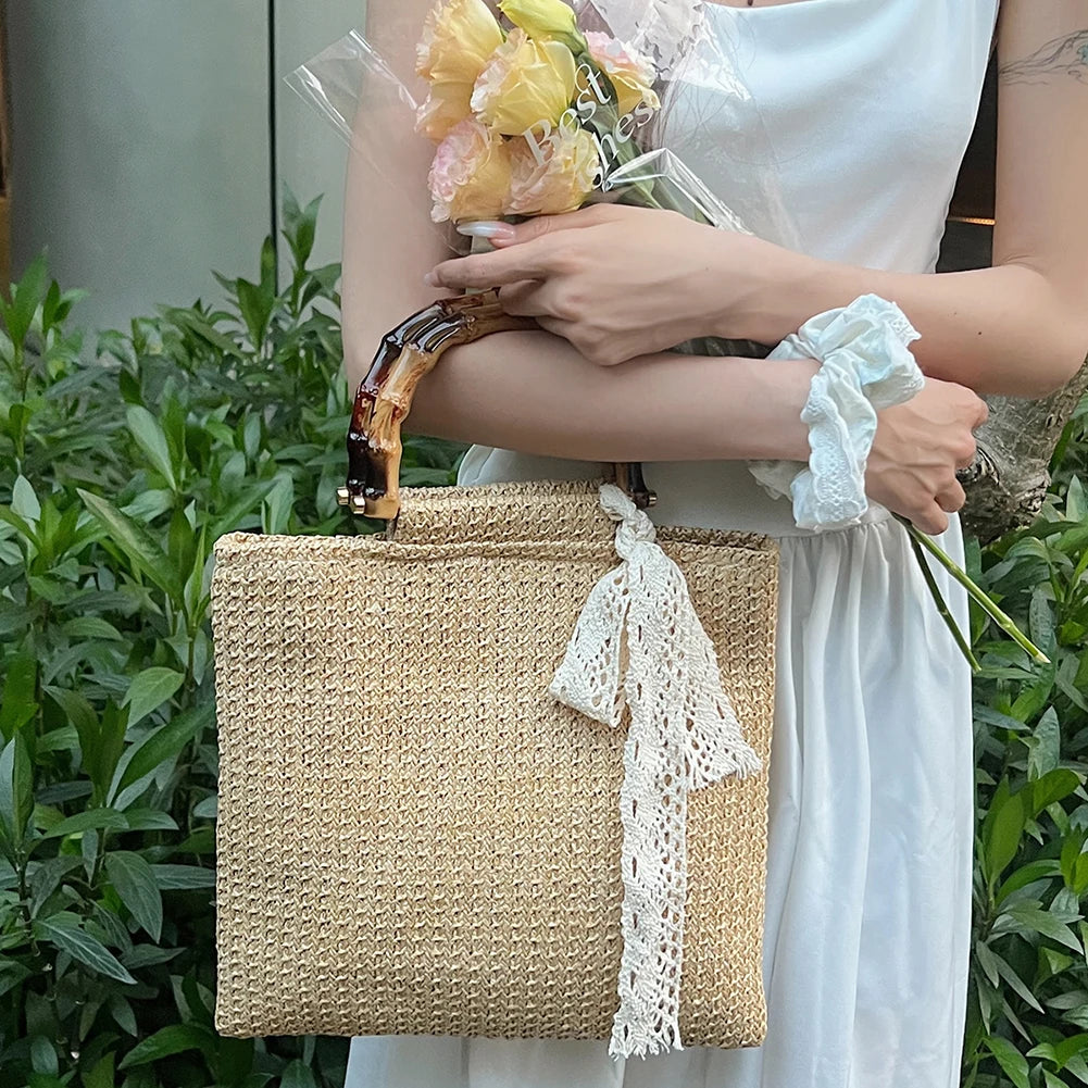 Large Woven Straw Tote with Bamboo Handle