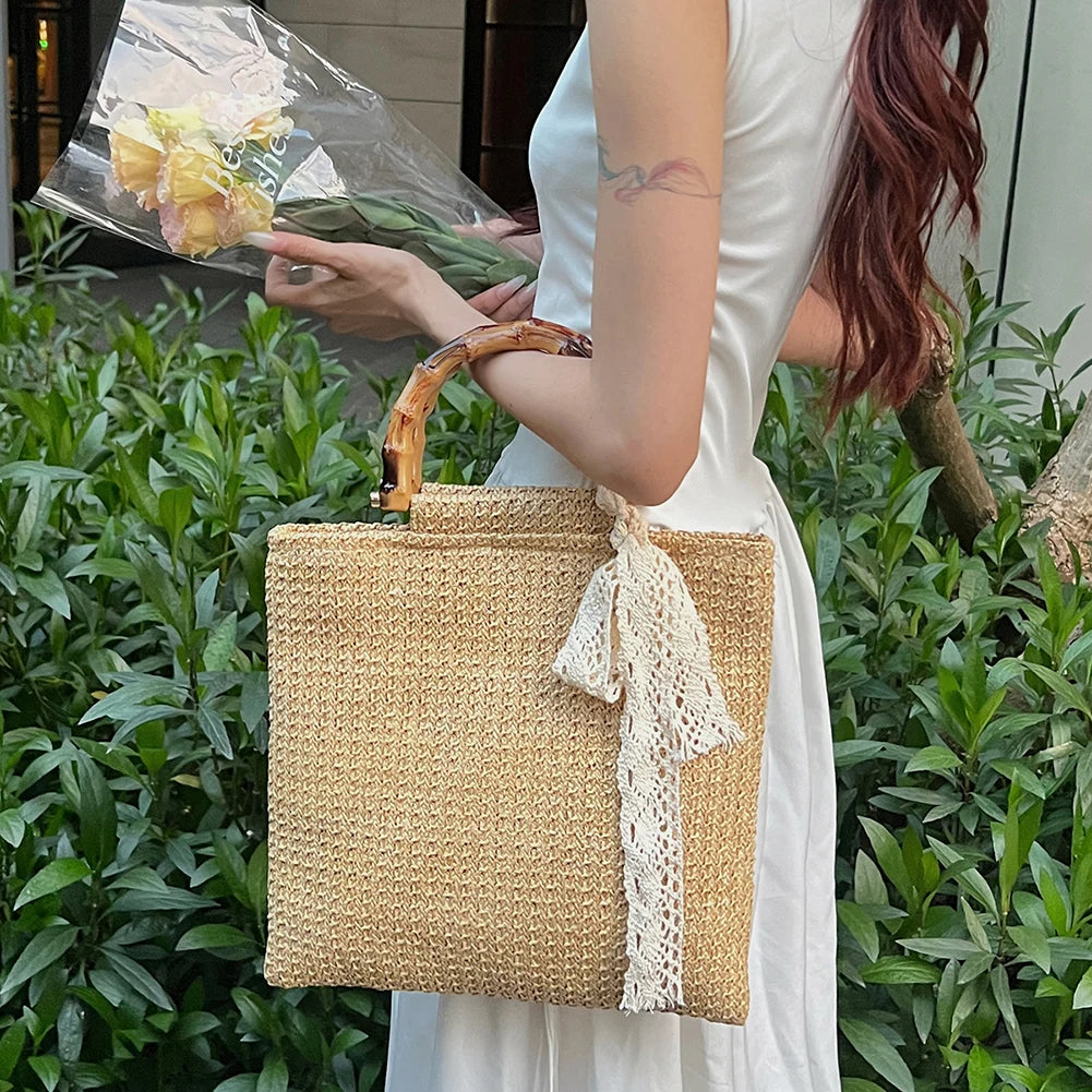 Large Woven Straw Tote with Bamboo Handle
