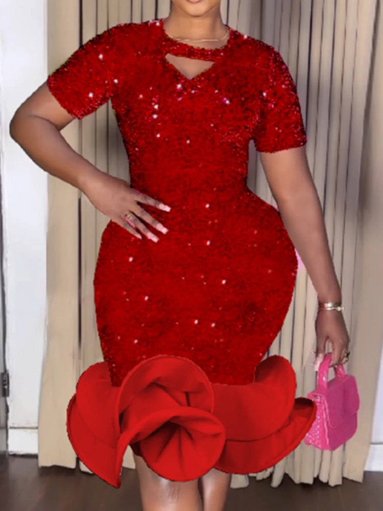 Sequined Velvet Elegant Church Dresses for Women Event Short Sleeve Cut Out V Neck Mermaid Ruffle Wedding Guest Evening Birthday