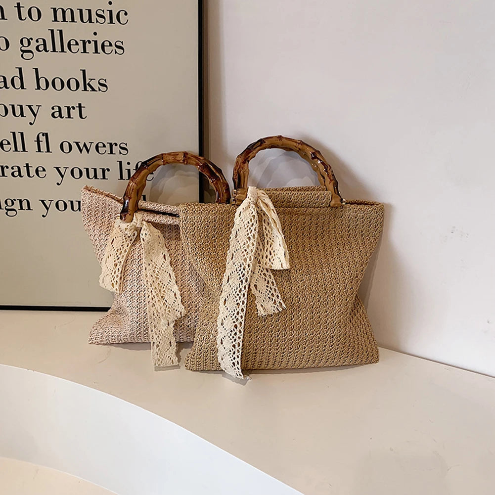 Large Woven Straw Tote with Bamboo Handle