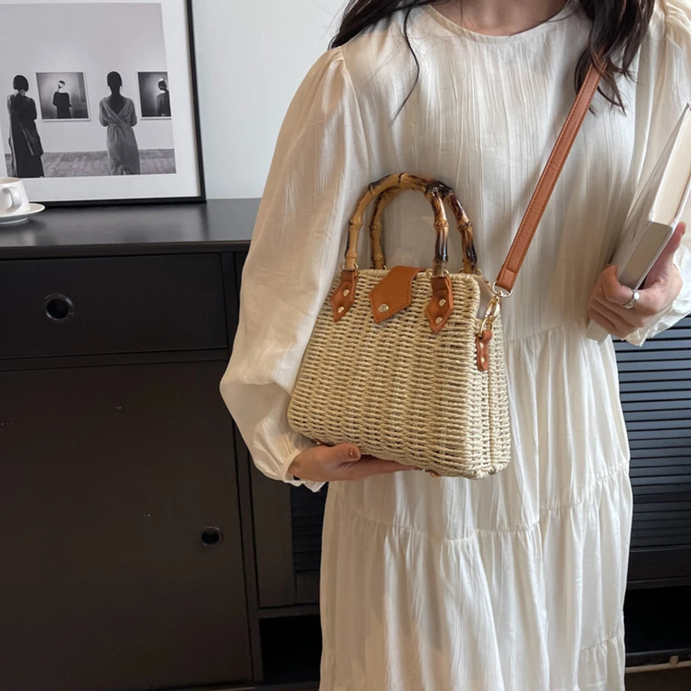 Hand-Woven Bamboo Handle Beach Bag