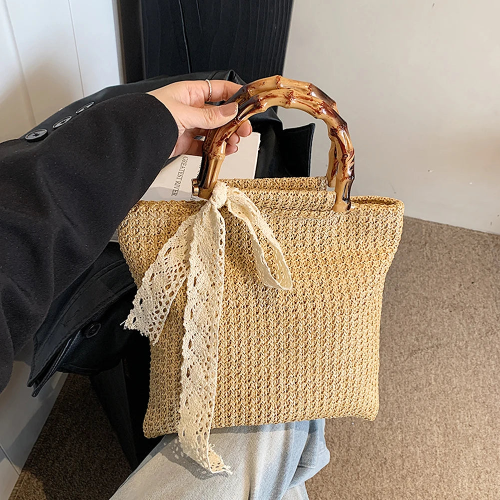 Large Woven Straw Tote with Bamboo Handle