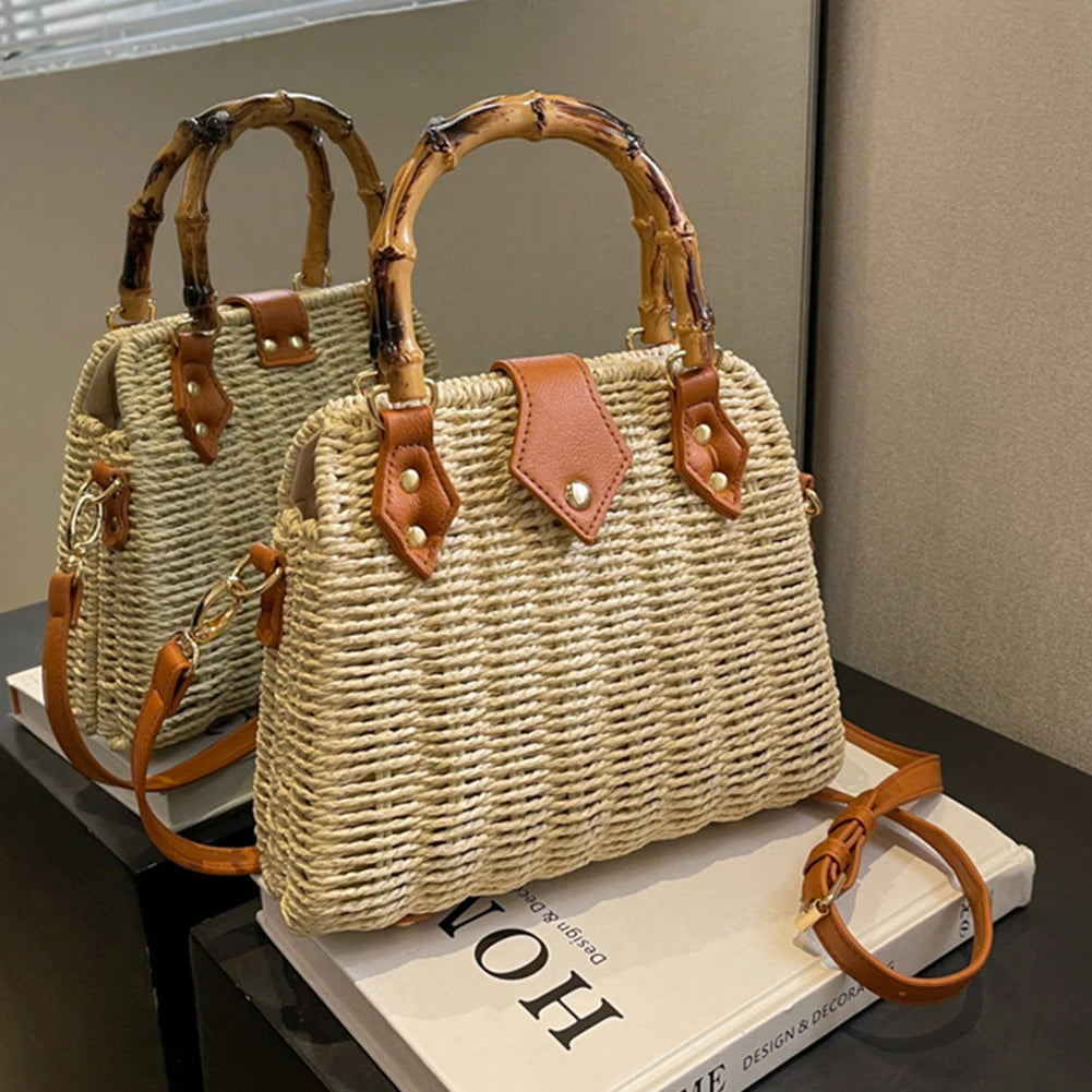 Hand-Woven Bamboo Handle Beach Bag