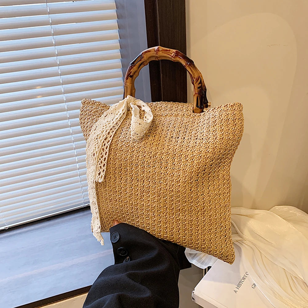 Large Woven Straw Tote with Bamboo Handle