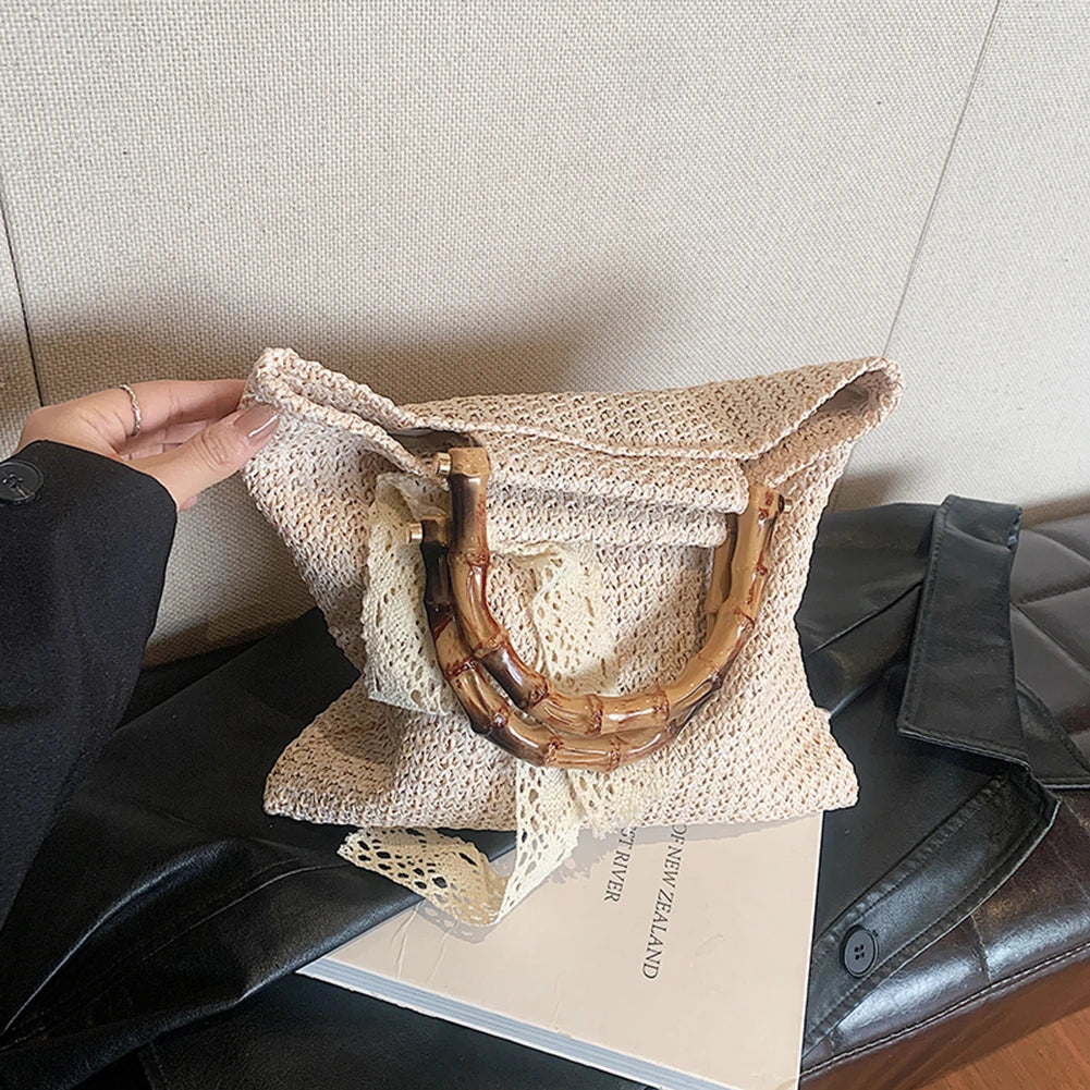 Large Woven Straw Tote with Bamboo Handle