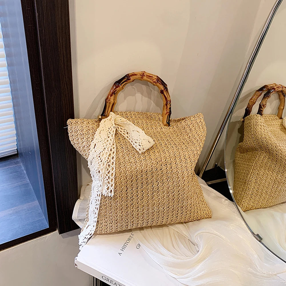 Large Woven Straw Tote with Bamboo Handle
