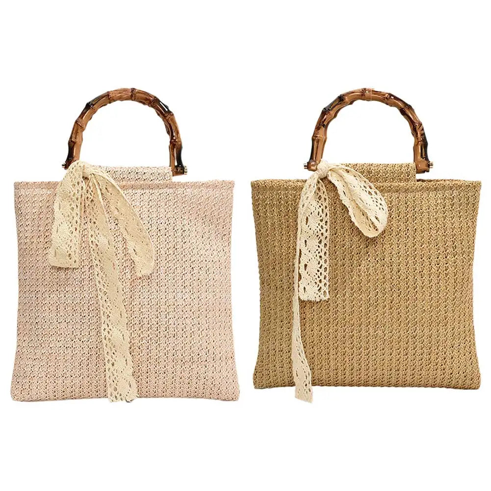 Large Woven Straw Tote with Bamboo Handle