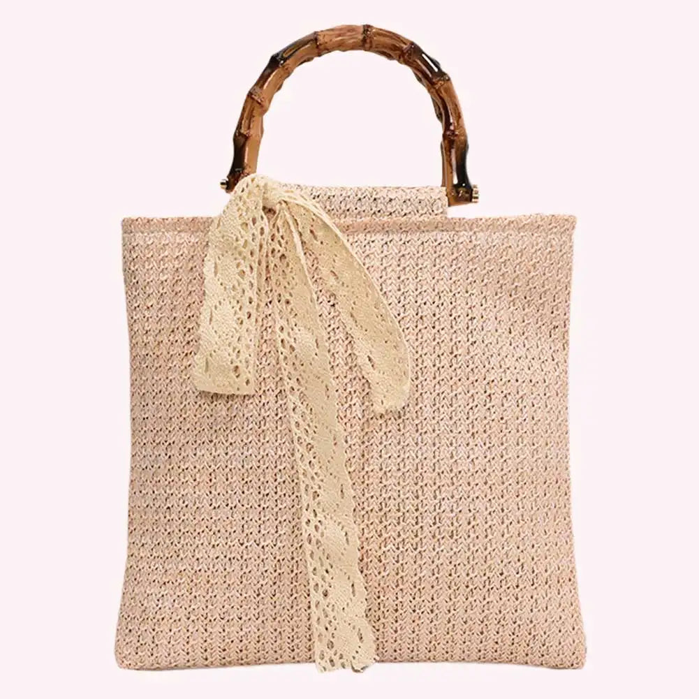 Large Woven Straw Tote with Bamboo Handle