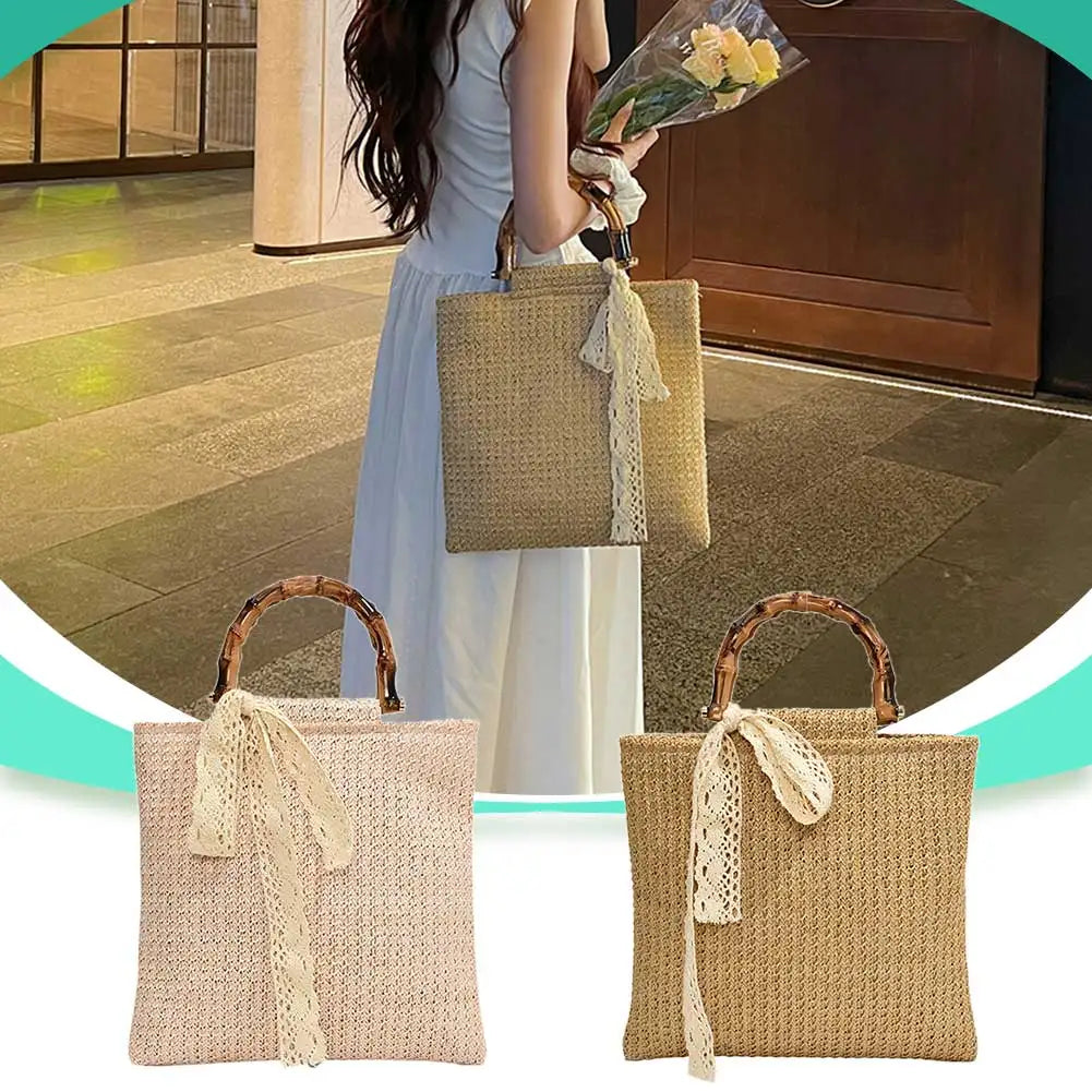Large Woven Straw Tote with Bamboo Handle