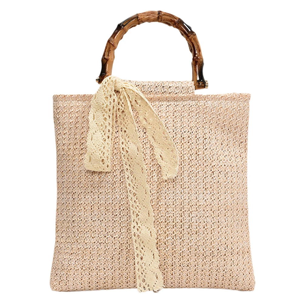 Large Woven Straw Tote with Bamboo Handle