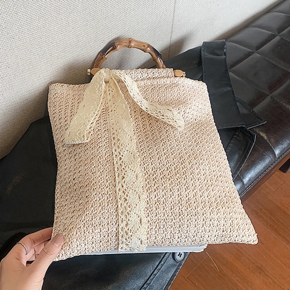 Large Woven Straw Tote with Bamboo Handle