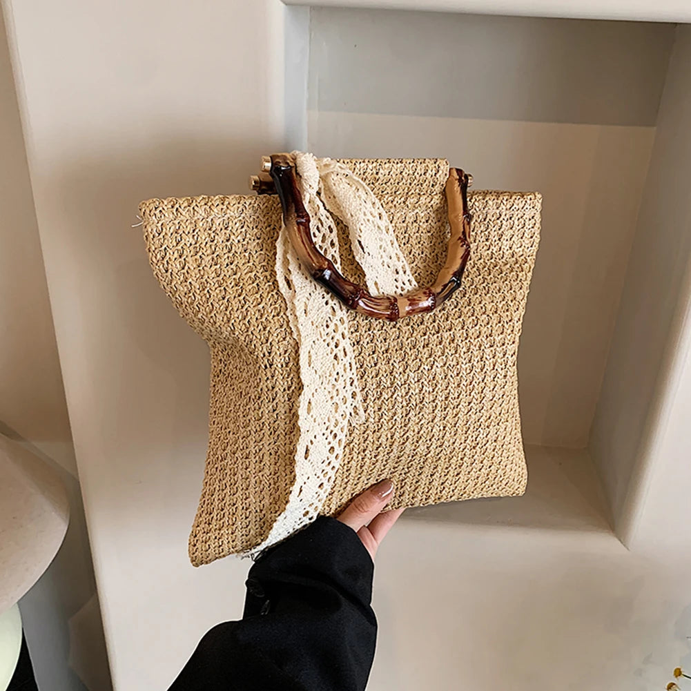 Large Woven Straw Tote with Bamboo Handle