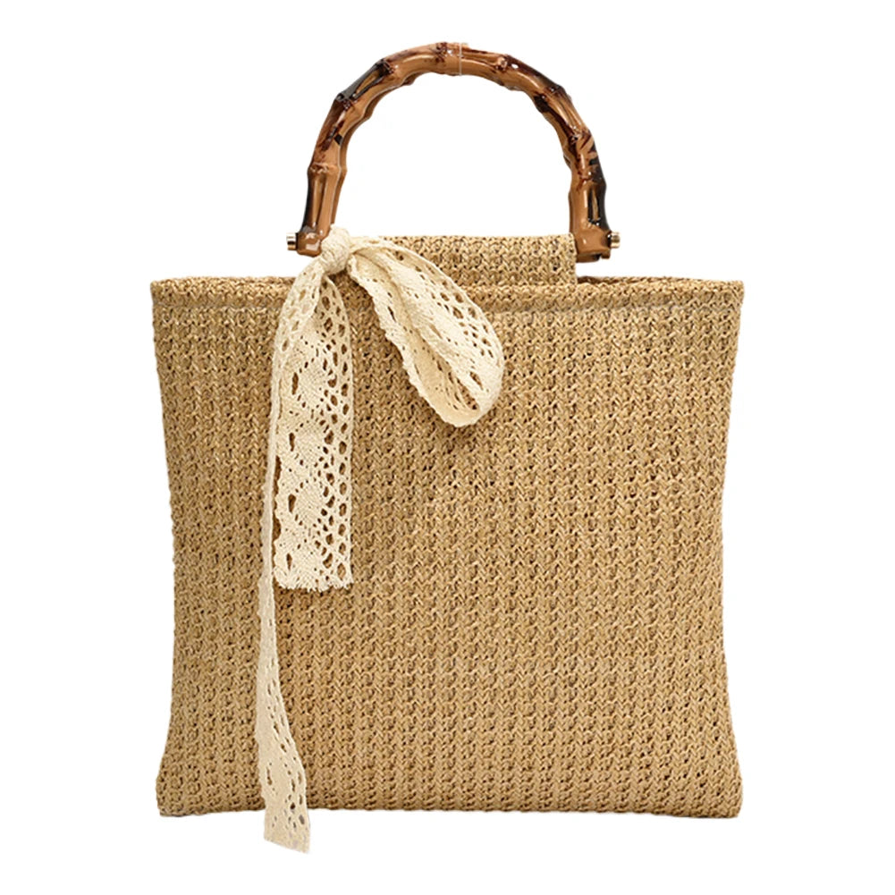 Large Woven Straw Tote with Bamboo Handle