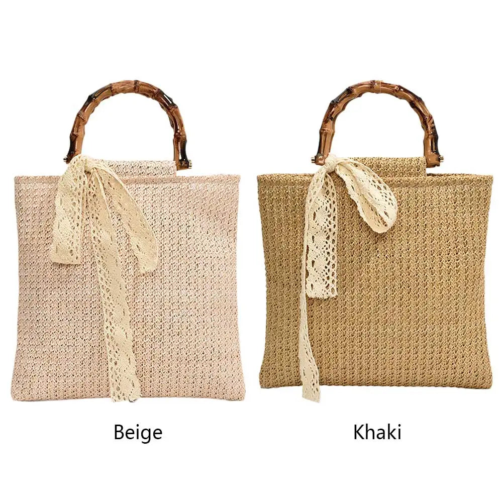 Large Woven Straw Tote with Bamboo Handle
