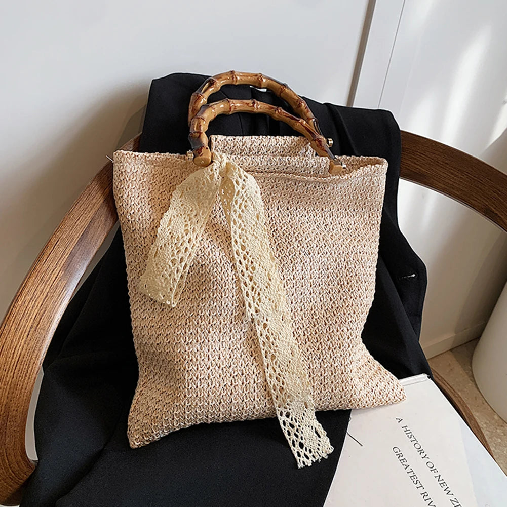 Large Woven Straw Tote with Bamboo Handle