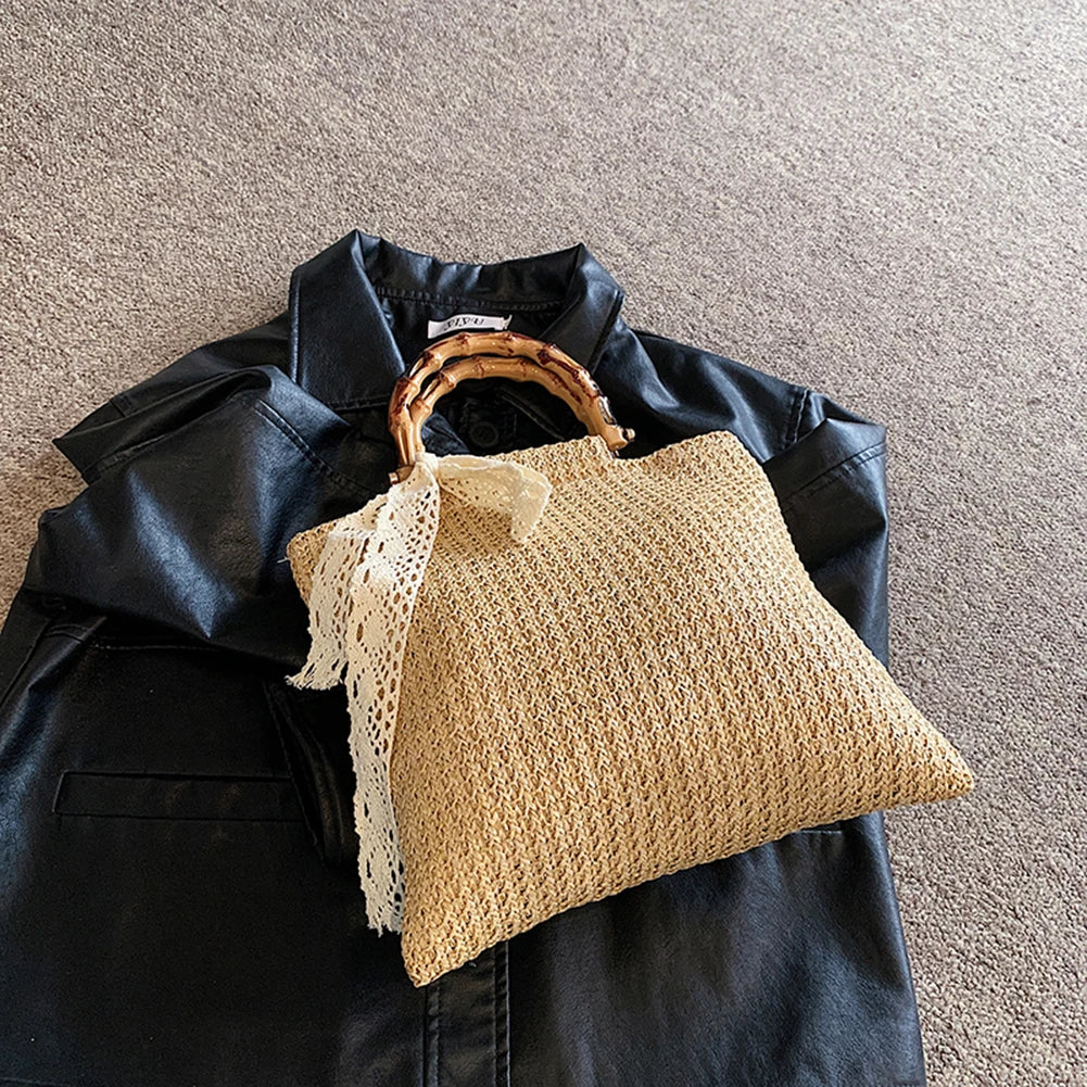 Large Woven Straw Tote with Bamboo Handle