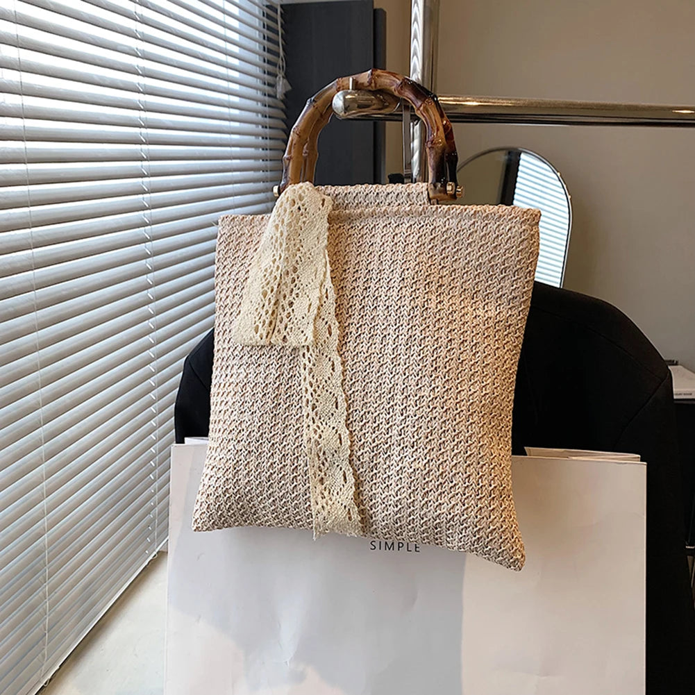 Large Woven Straw Tote with Bamboo Handle