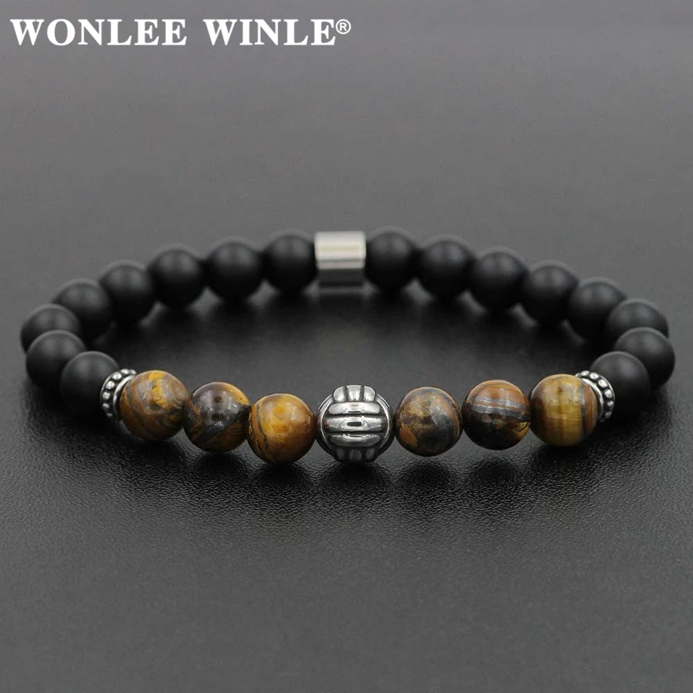 8mm Natural Stone Beaded Stretch Bracelets for Men&Women Stainless Steel Round Ball Charms Strand Bangles