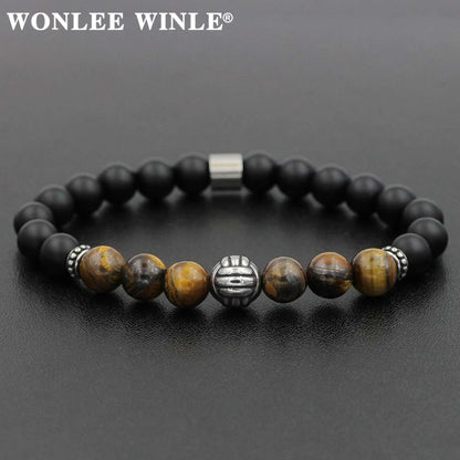 8mm Natural Stone Beaded Stretch Bracelets for Men&Women Stainless Steel Round Ball Charms Strand Bangles