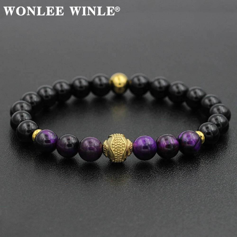 8mm Natural Stone Beaded Stretch Bracelets for Men&Women Stainless Steel Round Ball Charms Strand Bangles