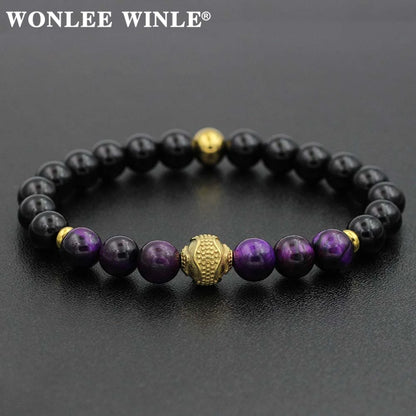 8mm Natural Stone Beaded Stretch Bracelets for Men&Women Stainless Steel Round Ball Charms Strand Bangles