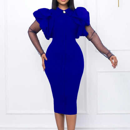 D3165 European American Autumn Winter New Mesh Pleated Ol Temperament Large Size Women's Dress