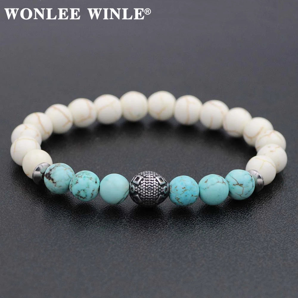 8mm Natural Stone Beaded Stretch Bracelets for Men&Women Stainless Steel Round Ball Charms Strand Bangles